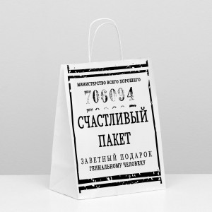 Пакет подарочный с приколами, крафт «Счастливый пакет», белый, 24 х 11 х 32 см