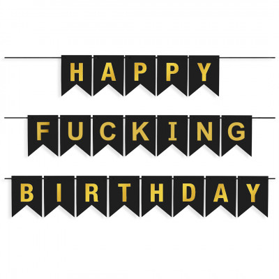 Гирлянда Флажки, Happy Birthday для взрослых, Черный/Золото, Металлик, 500 см, 16*12 см